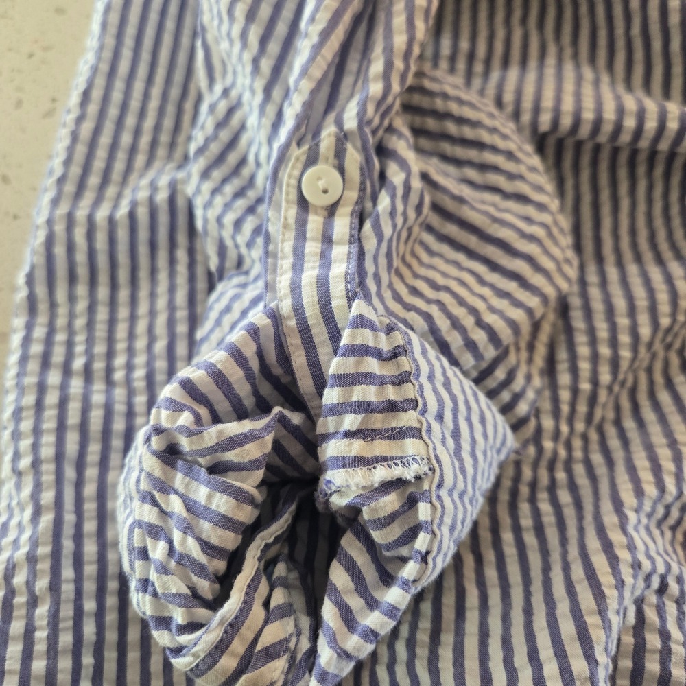 NYDJ Blouse Womens XL Blue White Striped Seersucker Henley Roll Tab Shirt Top - Picture 11 of 11